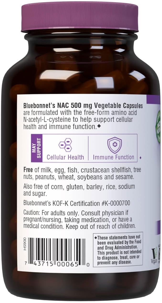 Bluebonnet NAC Supplement N-Acetyl-L-Cysteine 500 mg - Antioxidant Cellular Health &amp Immune Support - Free-Form Amino Acid for Women &amp Men - Non-GMO Kosher Gluten-Free - 90 Vegetable Capsule