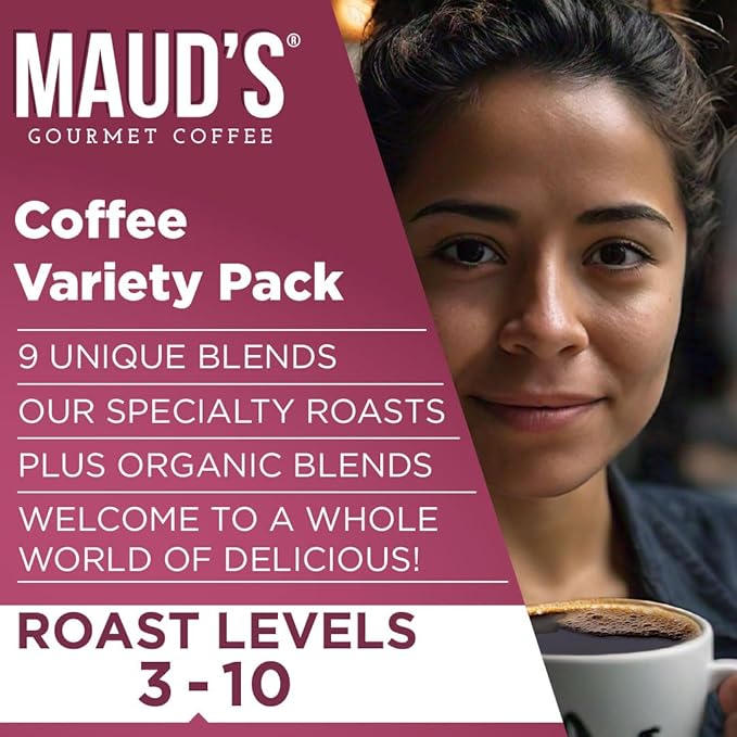 Maud's Original Coffee Pods Variety Pack 80 ct 9 Assorted Roasts Dark &amp Medium Roast Coffee in Single Serve Pods – 100% Arabica Coffee Compatible with Keurig K Cups Maker
