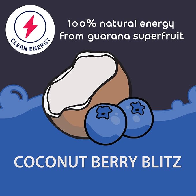 Bobelo Self Carbonating Clean Energy + Hydration Electrolytes Powder Drink Mix Coconut Berry Blitz 100mg Guarana Caffeine Sugar Free 15 Pack