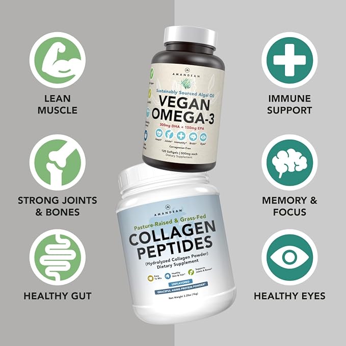 Healthy Skin &amp Joints Bundle - Premium Vegan Omega-3 (120 Capsules) from Marine Algae + Grass-Fed Collagen Peptides Powder (1kg - 100 Servings) Non-GMO. Radiant Skin Joints Bones &amp Graceful