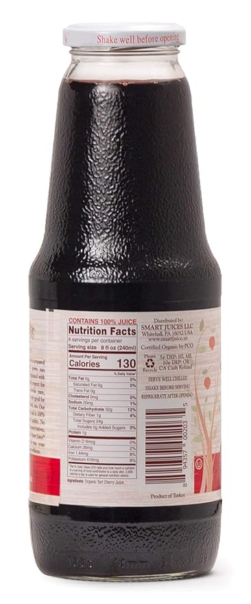 Smart Juice Organic Tart Cherry Juice - 33.8 fl oz (1L) - (Pack of 6) 100% Juice Not From Concentrate