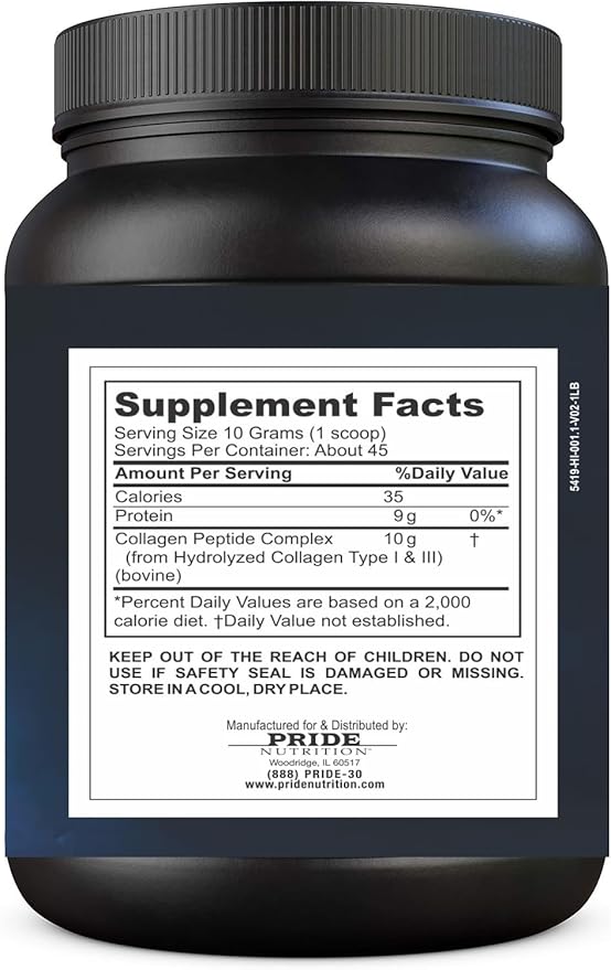 Pride Nutrition Collagen Peptides Powder Naturally-Sourced Hydrolyzed Collagen Powder - Healthy Hair Skin and Nail Support - Type I &amp III Grass-Fed Collagen Supplements for Women and Men - 16oz