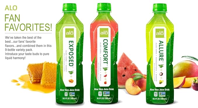 ALO Aloe Vera Juice | 16.9 fl oz Pack of 9 | 3-Flavor Variety Pack | ALLURE COMFORT EXPOSED Plant-Based Drink