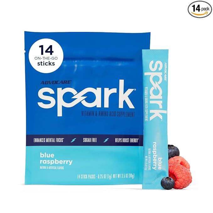 AdvoCare Spark - Energy Drink Mix - Vitamin &amp Amino Acid Supplement - Supports Energy &amp Focus* - Portable Immune Support* - Sugar-Free - Blue Raspberry 14 Stick Packs (3.5 oz)