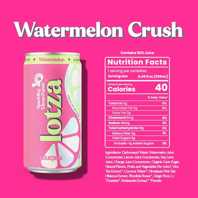 Lotza Sparkling Non-Alcoholic Adaptogen Drink with Electrolytes | Non-Alcoholic Mocktail &amp Drink Mixer| Antioxidants &amp Real Fruit (Pack of 12) Watermelon