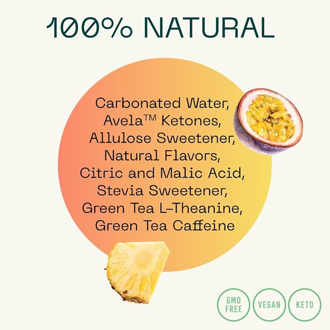KEY Ketone Drink - Ketones for Energy &amp Focus Sugar Free &amp Low Caffeine from Green Tea with L-Theanine No Crash or Jitters All Natural Lightly Carbonated Pineapple Passionfruit (Pack of 1