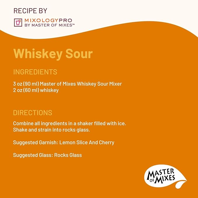 Master of Mixes Whiskey Sour Drink Mix Ready To Use 1 Liter Bottle (33.8 Fl Oz) Pack of 3