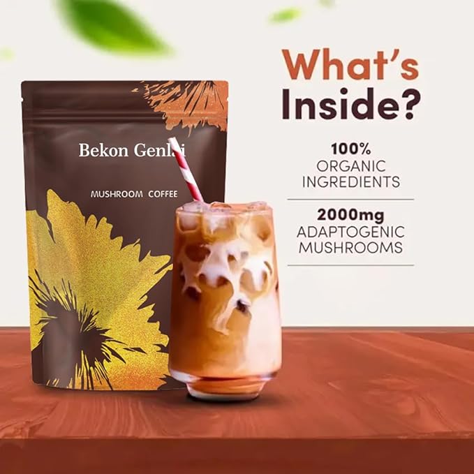 Bekon Genlai Mushroom Coffee – 2000mg Functional Mushroom Blend with Lion’s Mane Reishi Cordyceps Shiitake Turkey Tail &amp King Trumpet – Instant Arabica Coffee – Focus Immunity &amp Energy Su