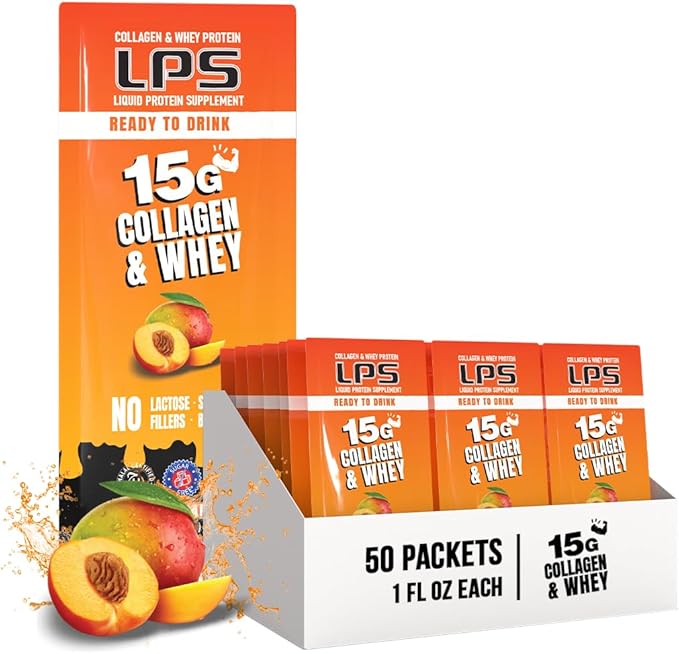 Nutritional Designs LPS Liquid Collagen &amp Whey Protein Supplement - Non-GMO Drink Sugar-Free - Promotes Healthy Skin &amp Hair for Men &amp Women Peach Mango Single Serve (50 Packets)