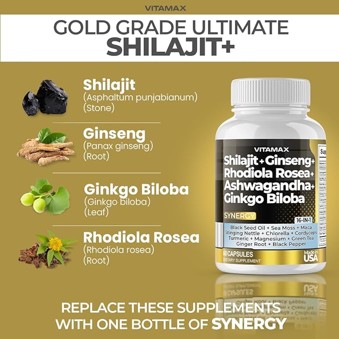 Vitamax Pure Himalayan Shilajit Supplement Sea Moss Ashwagandha Bladderwrack Gingko Biloba Organic Capsules &amp Trace Mineral for - Non-GMO - Vegan - Men and Women – Made in USA