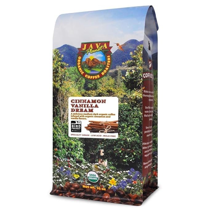 Low Acid Organic Coffee – Whole Bean Mold-Free &amp Stomach Friendly by Java Planet Cinnamon and Vanilla Medium Dark Roast Arabica Gourmet Coffee Grade A Smithsonian Bird Friendly 1LB Bag