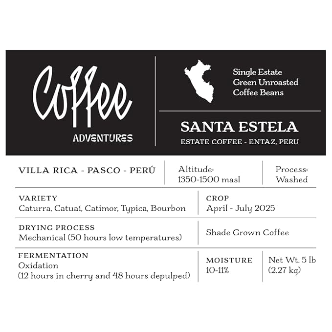 Coffee Adventures Green Unroasted Coffee Beans From Peru - Finca Santa Estela Single Estate Blend - Caturra Catuaí Catimor Typica Bourbon Blend - Direct Trade Green Coffee Beans for Coffee Roaster