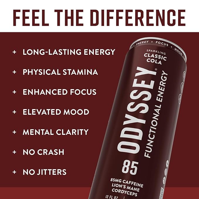 Odyssey Functional Energy Drink for Focus Cognition &amp Mood Support 12 Pack - Adaptogenic Drink with 85mg Green Tea Caffeine Lion’s Mane Cordyceps L-Theanine &amp Ginseng Sparkling Cola