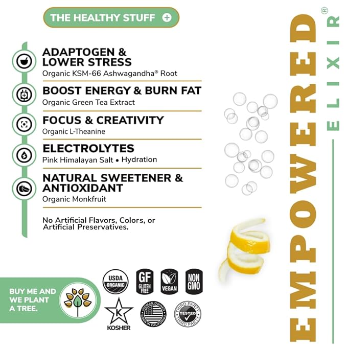 Sparkling Limoncello Infused Energy &amp Focus Drink | Green Tea (Natural Caffeine) L-Theanine Ashwagandha Electrolytes |12oz. Cans (Pack of 12)