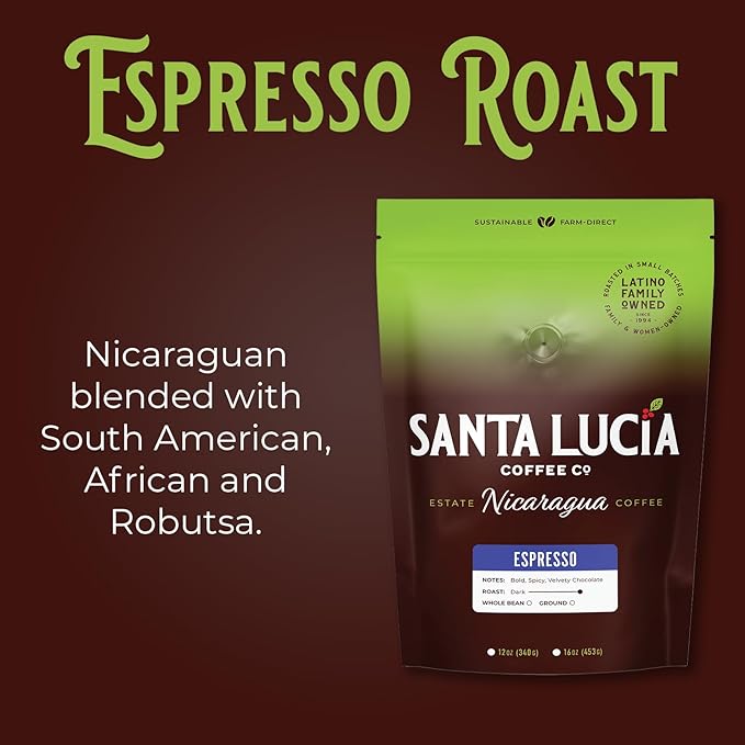 Santa Lucia Coffee Café Crema Espresso Roast Coffee - Specialty Volcanic Nicaraguan Espresso Roast - Farm-Direct Low-Acid - Dense Golden Crema - 91-Point Small-Batch - Ground - 16oz (Pack of 2)