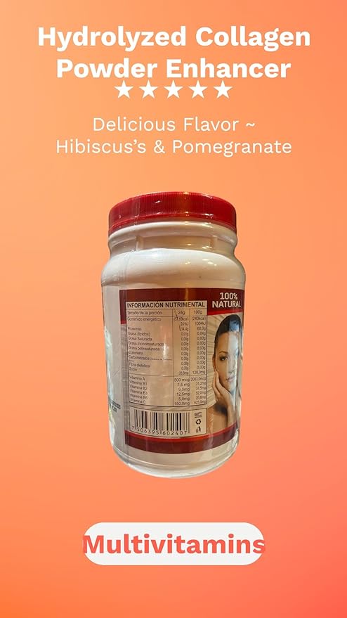 Cosmo Natural Hydrolyzed Collagen Powder Enhancer Hibiscus &amp Pomegranate Flavor 2.2lbs with Vitamins A B1 B2 B3 B6 C Natural Drink Mix ShakesSmoothies Jamaica con Granada