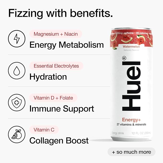 Huel Energy+ | Watermelon Energy Drink | Refreshing Plant-Based Drink with Real Fruit | 200mg of Caffeine and 27 Vitamins &amp Minerals | 35 Calories per 12 FL Oz 12 Pack