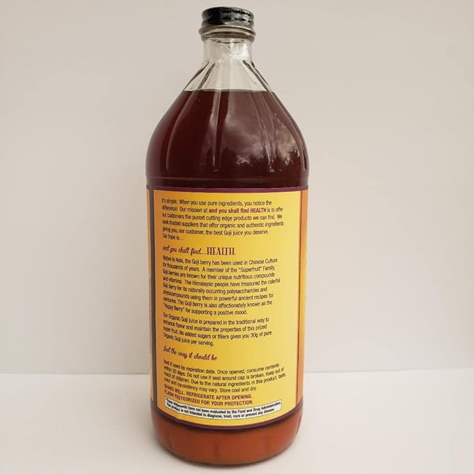 Organic Only GOJI Fruit Juice 100% Pure Puree 32oz (1qt) GLASS Bottle - The Happy Berry Vitamin Rich Super Juice Traditionally Prepared - 30g Goji Superfruit Per Serving - Gluten-Free &amp Vegan