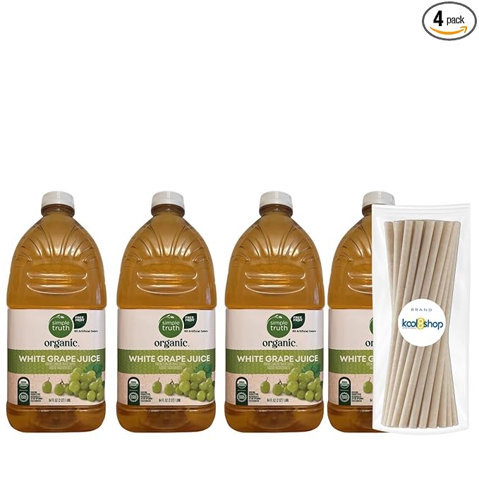 Simple Truth Organic White Grape Fruit Juice 64 fl oz Plastic Bottles 4 Pack + 15 Sugarcane Disposable Straws by KOOL8SHOP Infinite Deals