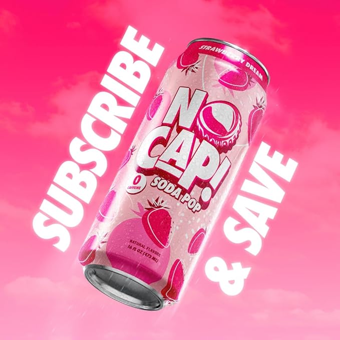 NO CAP! Next Gen Soda Pop with Zero Sugar Zero Calories and Electrolytes for Hydration Naturally Flavored Caffeine-Free Soda Vegan &amp Gluten-Free 16 oz Cans (Strawberry Dream)