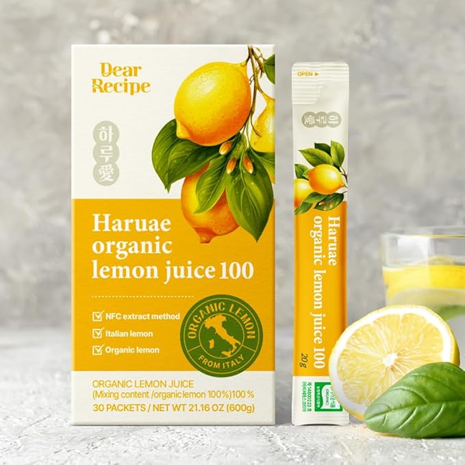 [30 Sticks] Organic 100% Pure NFC Whole Lemon Juice Sticks – 20g Each – Italian Lemon Cold Pressed Product of Korea Non-GMO No Sugar Added