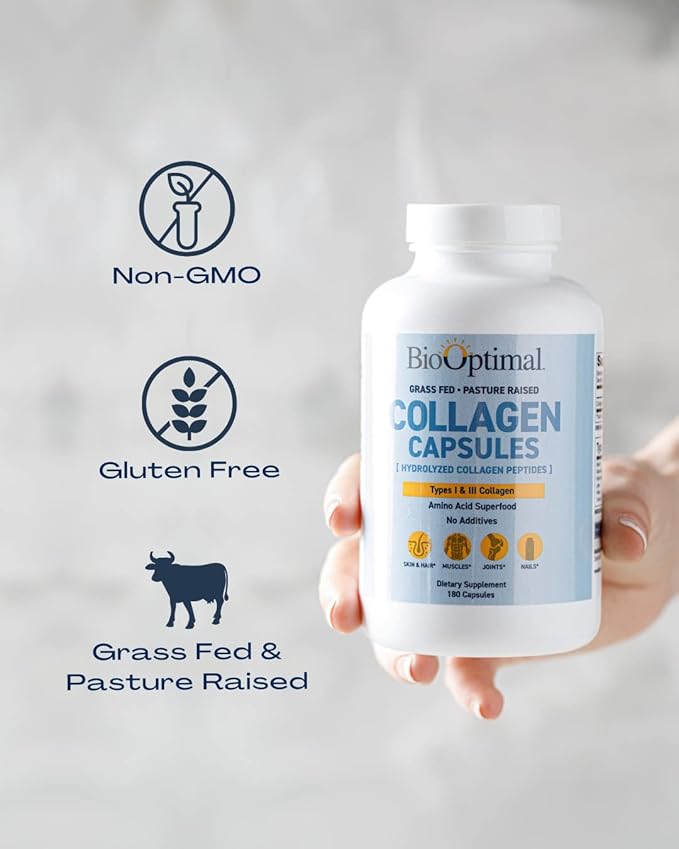 BioOptimal Collagen Peptides Capsules - Grass-Fed Pasture-Raised Hydrolyzed Protein Supplement for Skin Hair &amp Nails - Non-GMO Zero Sugar Daily Pills for Men &amp Women (180 Capsules)