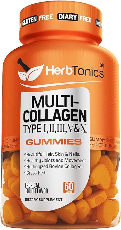 Herbtonics Multi Collagen Gummies with Multi Collagen Capsules Types I II III V &amp X Protein Peptides and Organ Complex Bundle