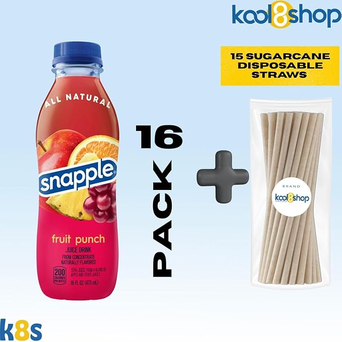 Snapple Fruit Punch All Natural Fruit Juice 16 fl oz Plastic Bottle 16 Pack + 15 Sugarcane Disposable Straws by KOOL8SHOP Infinite Deals