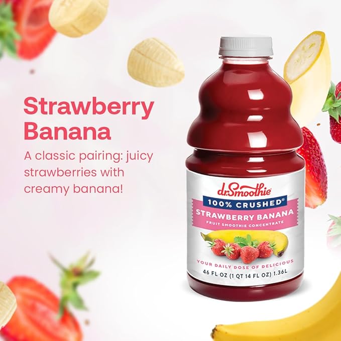 Dr. Smoothie 100% Crushed Strawberry Banana – No Added Sugar Made with Real Fruits/Fruit Juice – Vegan No Artificial Colors or Flavors – Juicy Strawberries &amp Creamy Banana – 46 oz Bottle