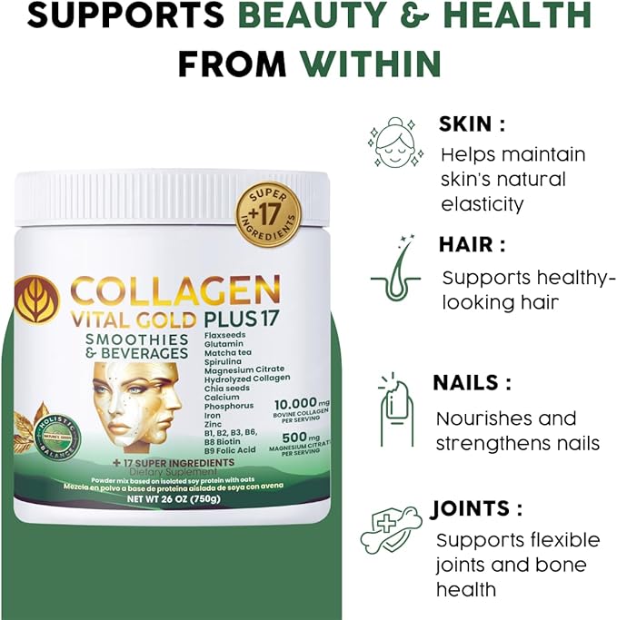 Vital Life Collagen Peptides Powder - Hydrolyzed Collagen with +17 Super Ingredients 1.6 lb Mint &amp Lemon Flavor Supplement for Healthy Hair Skin Nails Bones Joints Collagen for Women &amp