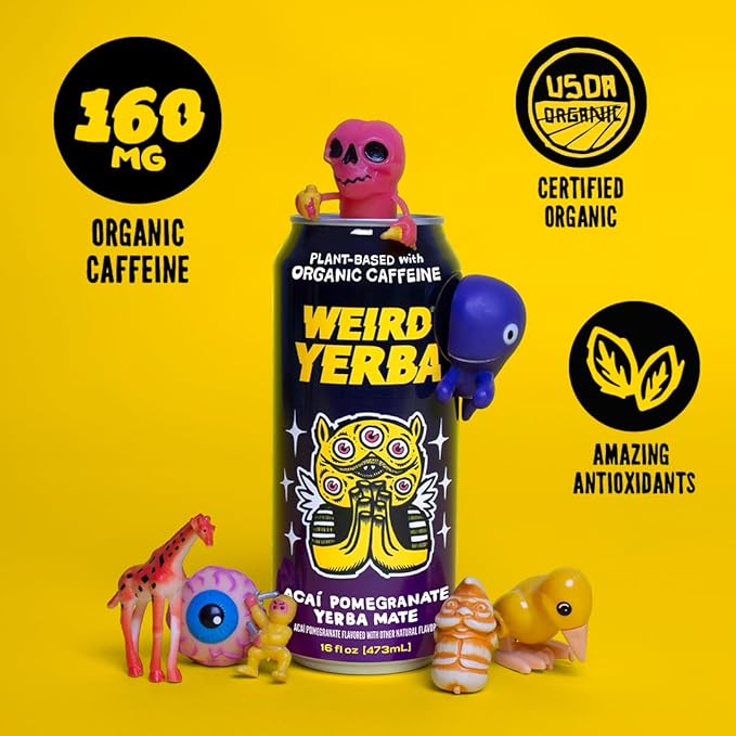 Drink Weird Organic Acai Pomegranate Yerba Mate – 16oz Cans 160mg Organic Caffeine Pack of 12 – Antioxidant-Rich Energy Drink Alternative