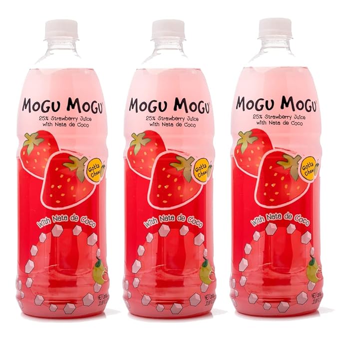 [Pack of 3] [Free Measuring Spoon] Mogu Mogu Juice with Nata De Coco - 33.8 Fl Oz Large Family Size (Strawberry) 320 ml