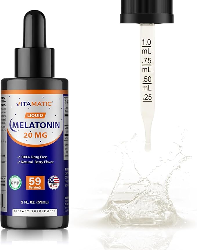 Vitamatic 4-Pack Melatonin 20mg Liquid Drops - 2 fl oz (59 ml) Each - Natural Berry Flavor - Non-GMO Vegetarian Supplement for Adults