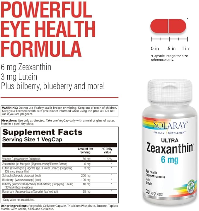 SOLARAY Zeaxanthin for Men &amp Women - Lutein and Zeaxanthin Supplement for Eyes Vision &amp Macular Health Support Formula Eye Vitamin Complex with Bilberry Vitamin C &amp Blueberry - 30 Veg