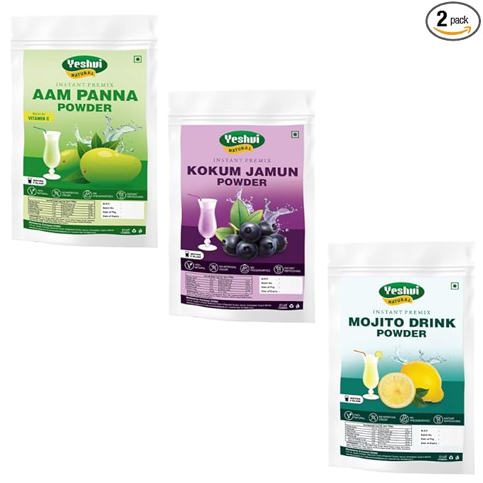 Yeshvi NATURAL Aam Panna Powder &amp Kokum Jamun Fruit Juice Powder With Mojito Drink Powder Combo Pack Instant Drink Mix Powder Immunity Booster Easy to Make Healthy Beverage 300gm