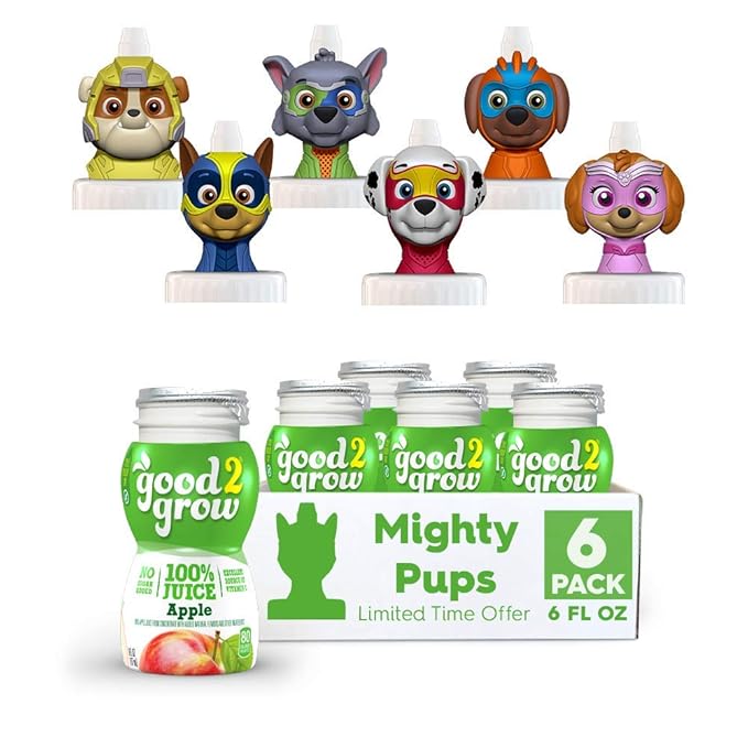 good2grow Paw Patrol Mighty Pups LIMITED TIME ONLY 6 Pack 100% Apple Juice 6-Ounce Spill Proof Character Top Bottles Non-GMO with no Sugar Added and Excellent Source of Vitamin C
