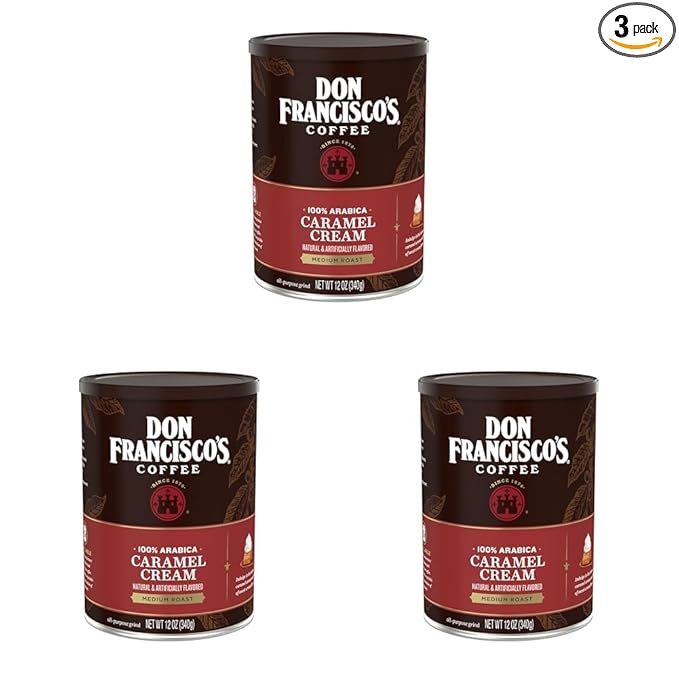 Don Francisco's Caramel Cream Ground Flavored Coffee: Rich Aromatic 100% Arabica Beans - Expertly Roasted for a Delightful Morning Brew (3 x 12 oz Cans)
