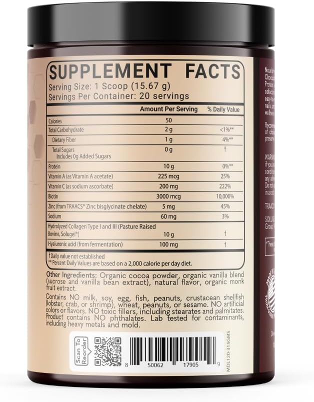 MD Logic Health® Chocolate Collagen with Vitamin A C Zinc Biotin &amp Hyaluronic Acid for Healthy Skin Hair Nails Joints 10g of Collagen + 10g of Protein Zero Sugar