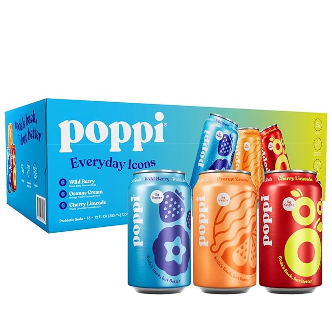 Poppis Prebiotic Soda Variety Pack - 18 Count 12 fl oz Cans - Wild Berry Orange Cream &amp Cherry Limeade - Gluten free Non GMO Low Sugar Low Calorie