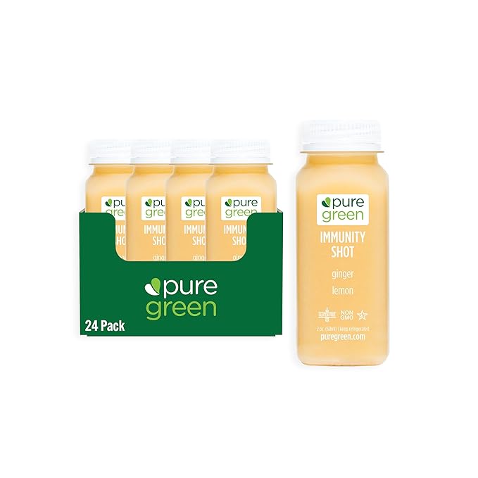 Pure Green Cold Pressed Shots - Immunity Shot - Fresh Functional Blend with Ginger &amp Lemon - Natural Gluten Free Non-GMO No Artificial Colors or Flavors - Made from Real Fruits &amp Veggies