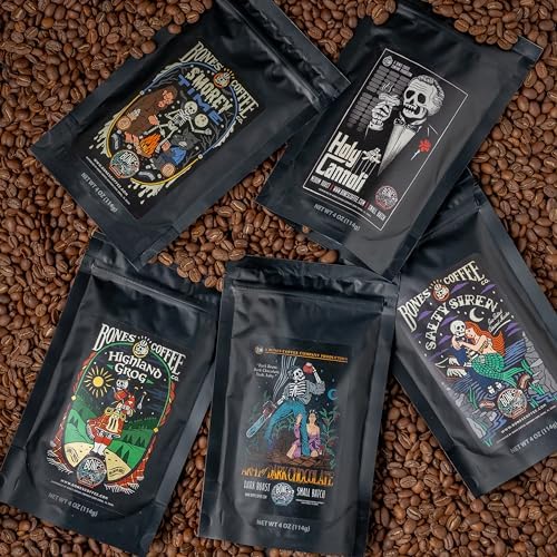 Bones Coffee Company Favorite Flavors Sample Pack Box Set with Specialty Coffee Mug 5 Assorted Single-Origin Low Acid Medium Roast Arabica Beans Flavored Coffee Gifts 4 oz Pack of 5 Ground