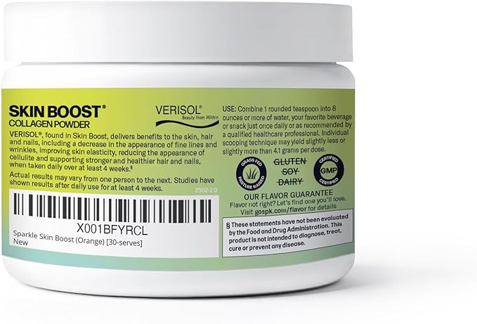 Sparkle Wellness VERISOL Bioactive Hydrolyzed Collagen Peptides | Collagen Powder Supplement with Vitamin C for Skin Hair &amp Nail Health | Skin Boost (Orange) [30-Serves]