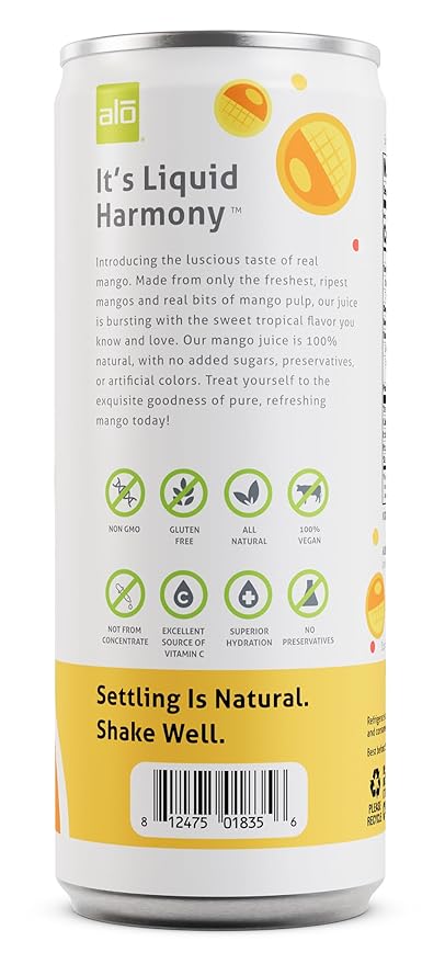 ALO Slim Can Juice Mango with Real Fruit Pulp| 10.82 fl oz Pack of 12 | Plant-Based Beverage 100% Natural Juice