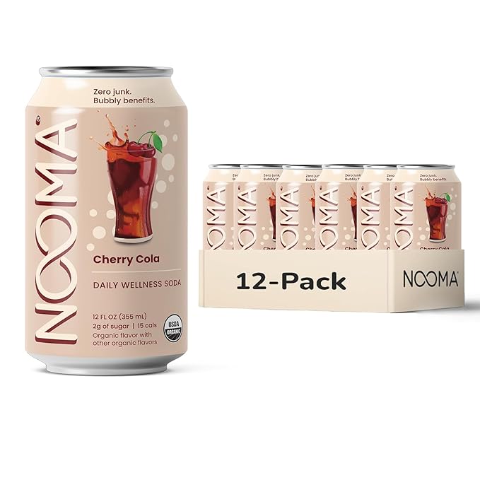 NOOMA - Daily Wellness Soda - Low Calorie &amp Low Sugar Healthy Soda - Organic &amp No Sucralose or Aspartame - Supports Muscle Recovery &amp Immune System - Vegan - Cherry Cola - 12 Pack (12oz ea