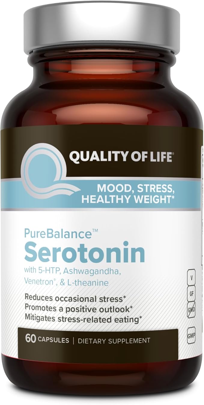 Quality of Life Pure Balance Serotonin Premium–Helps Boost Serotonin &amp Cortisol Levels - Includes 5-HTP Venetron Sensoril Vitamin D3 &amp L-Theanine–60 Capsules