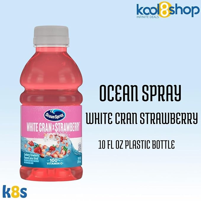 Ocean Spray White Cran Strawberry Fruit Juice Drink 10 fl oz Plastic Bottles 24 Pack + 2 Reusable Snack Bags by KOOL8SHOP Infinite Deals