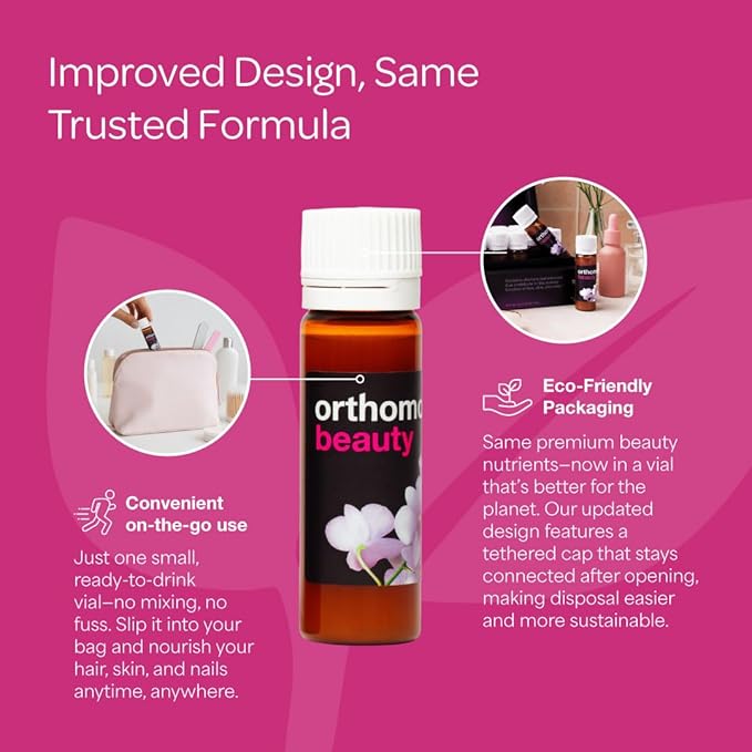 Orthomol Beauty Vial - Liquid Women's Beauty Supplement with Collagen Hydrolysate Hyaluronic Acid and Coenzyme Q10 for Hair Skin and Nail Health