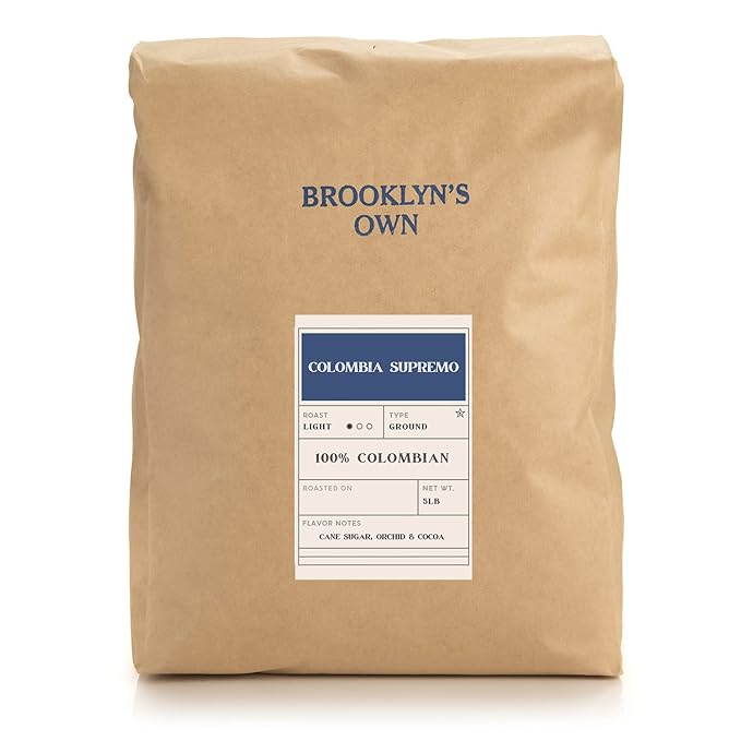 Brooklyn's Own Light Roast Columbia Supremo Ground Coffee - 100% Colombian Grounds (5 LB)
