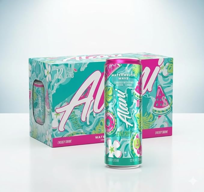 Alani Watermelon Wave Energy Drinks sugar free low calorie energy drinks 12 Fl Oz Cans (Pack of 12)