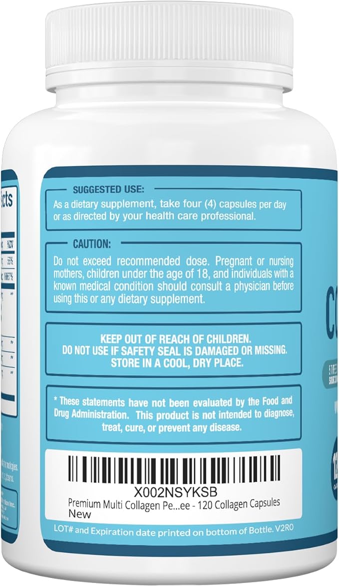 Premium Multi Collagen Peptides (Types I II II V X) - Collagen Pills for Skin Care Hair Growth Nails &amp Joints - Vitamin C Hyaluronic Acid Biotin Gluten Free - 120 Collagen Capsules